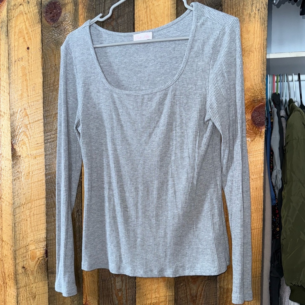 Pink Lily Light Gray Ribbed Long Sleeve Top